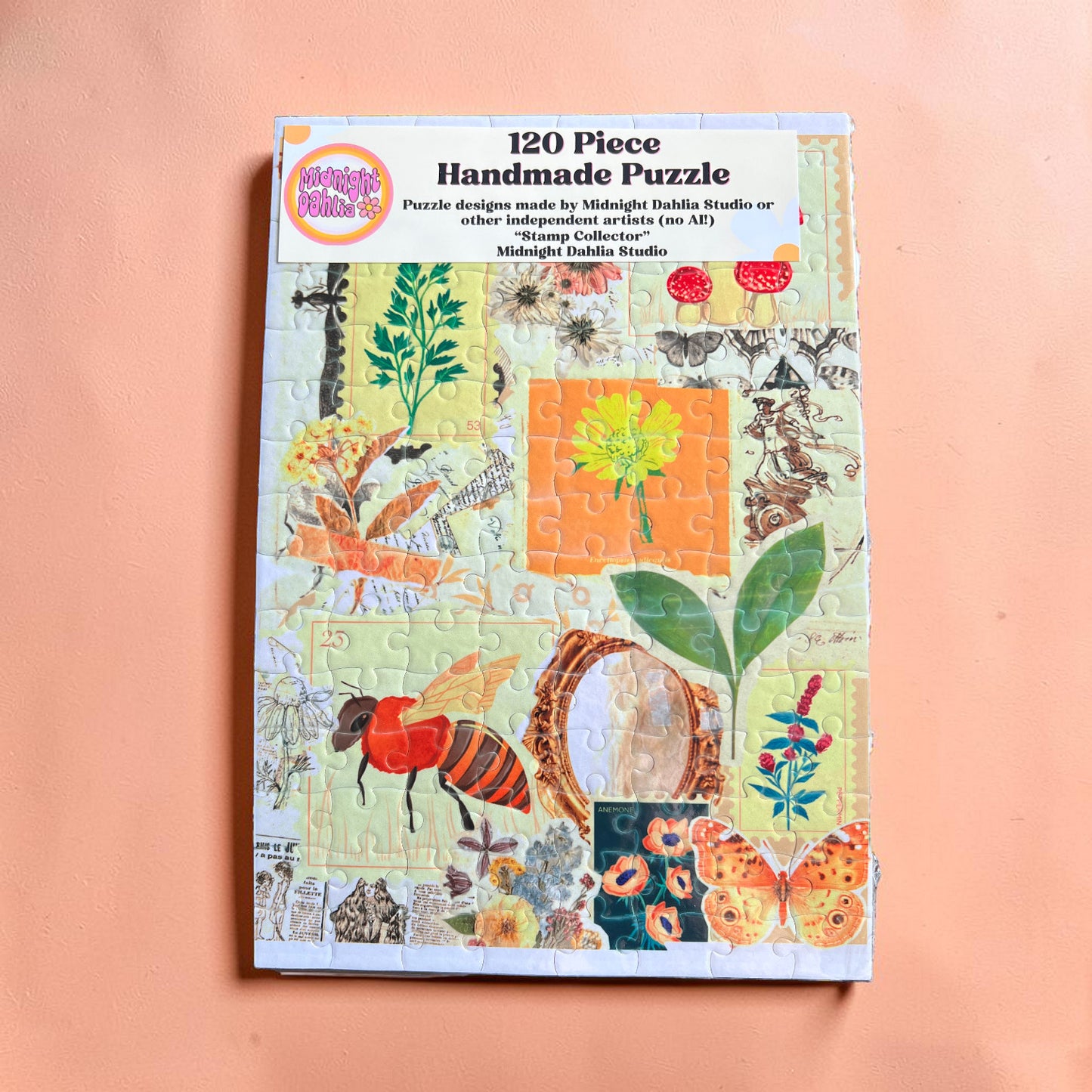 120 piece handmade puzzle packaging with nature-themed design on a peach background