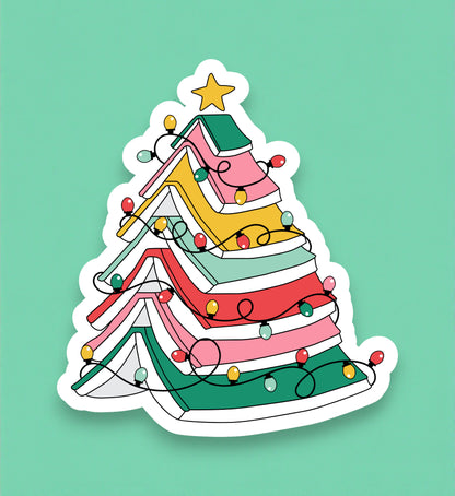 Colorful Christmas tree illustration with lights on a green background