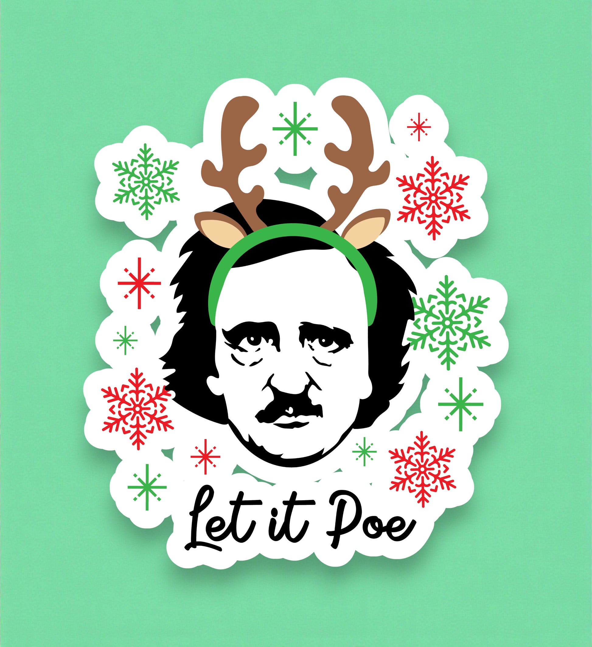 Sticker with a humorous design of a person wearing reindeer antlers and a green headband, surrounded by snowflakes on a green background.