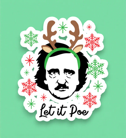 Sticker with a humorous design of a person wearing reindeer antlers and a green headband, surrounded by snowflakes on a green background.