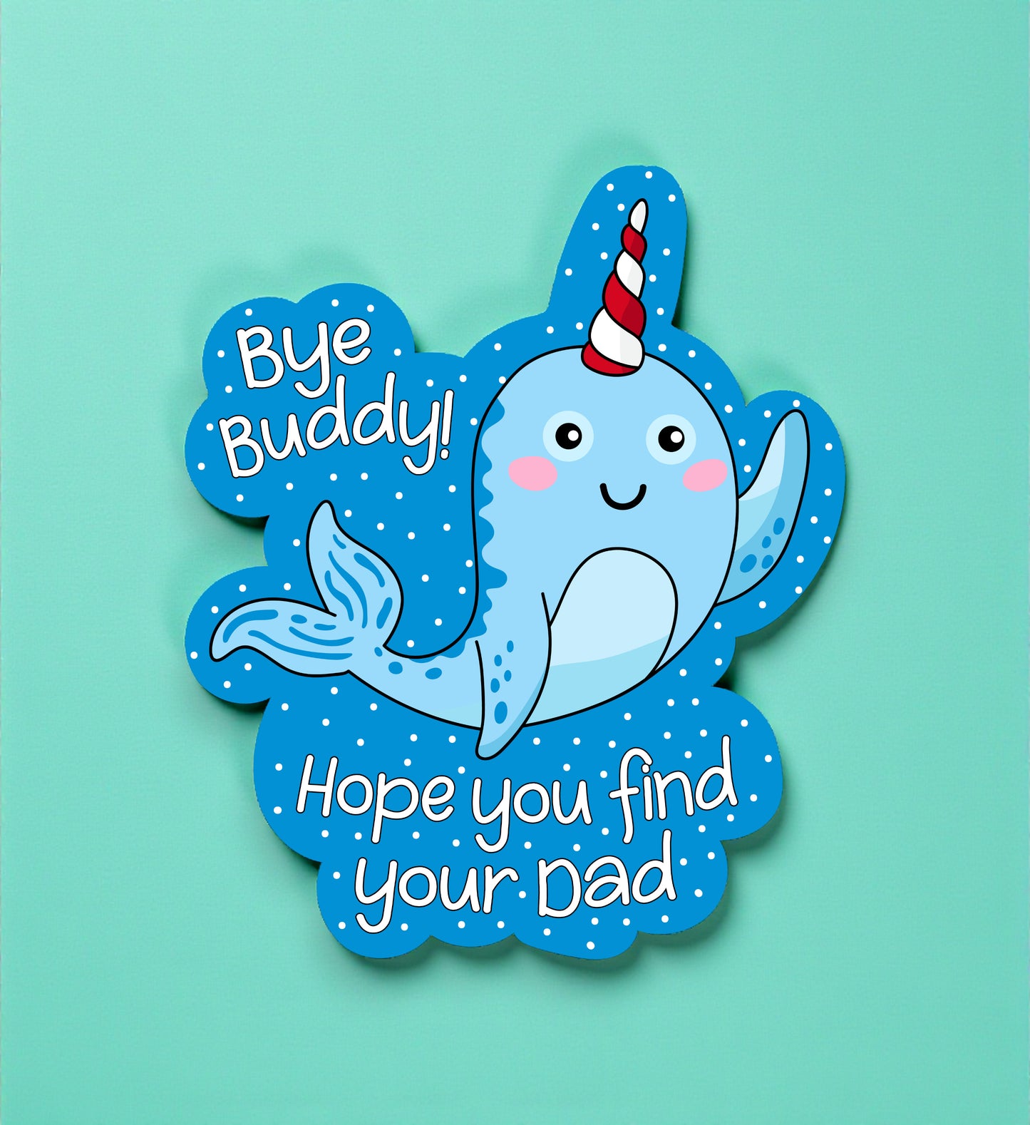 Cartoon narwhal with a unicorn horn on a blue background with text.