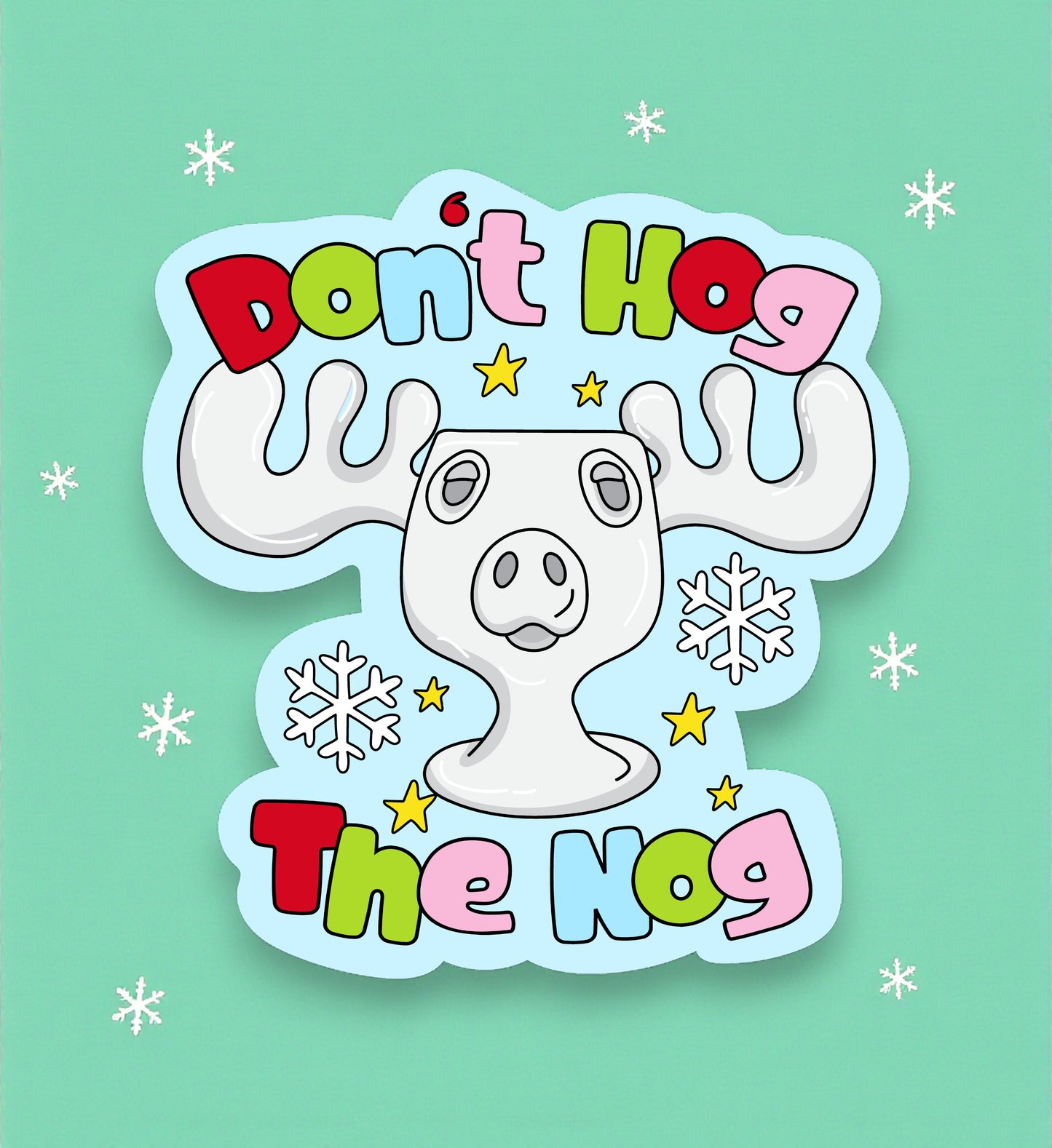 Cartoon moose with colorful text on a light blue background