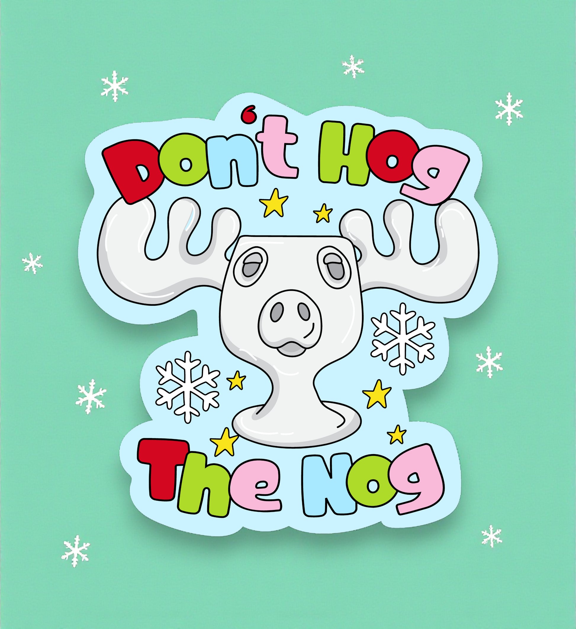 Cartoon moose with colorful text on a light blue background