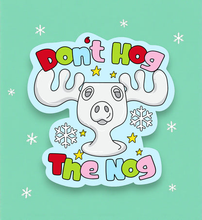 Cartoon moose with colorful text on a light blue background