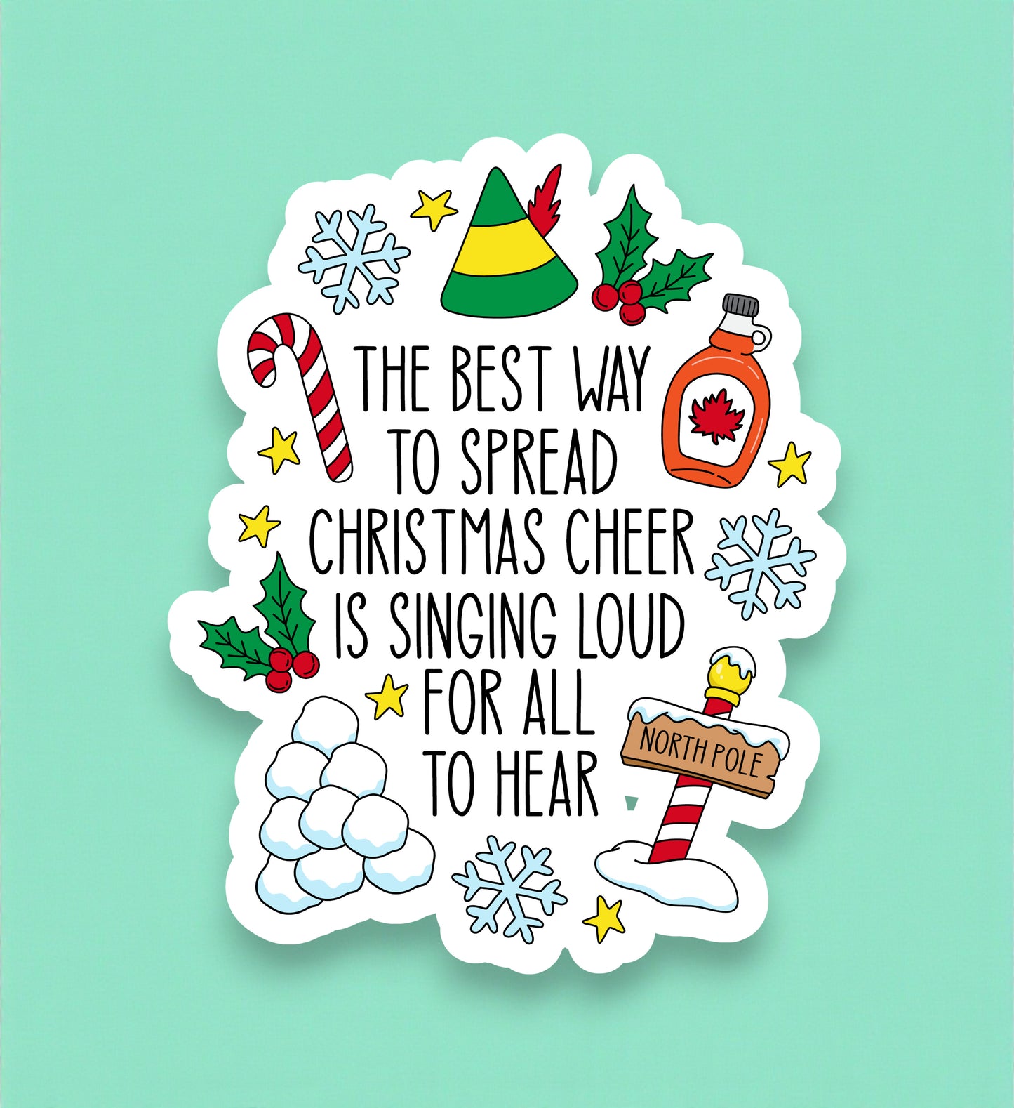 Sticker with Christmas-themed design and text on a light blue background