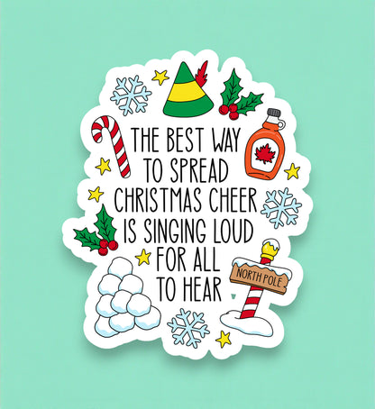 Sticker with Christmas-themed design and text on a light blue background