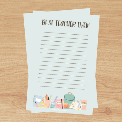 a blue-green lined notepad that reads best teacher ever with school supplies at the bottom.  perfect gift for a teacher end of school or first day of school.