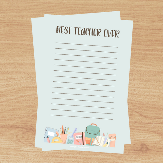 a blue-green lined notepad that reads best teacher ever with school supplies at the bottom.  perfect gift for a teacher end of school or first day of school.