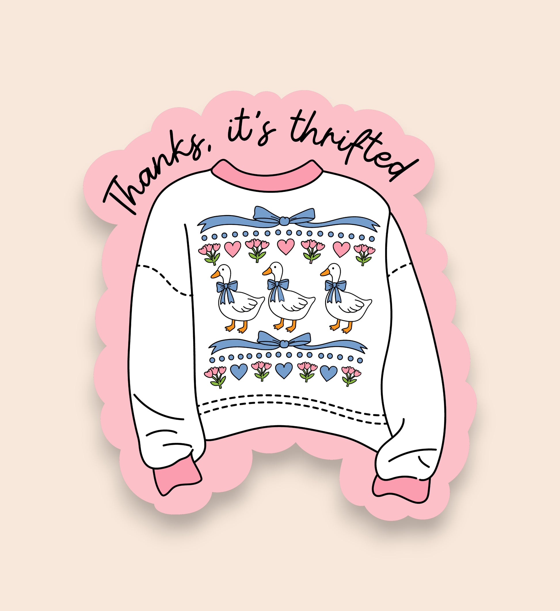 Sticker with a sweater design featuring ducks and flowers, with text 'Thanks, it's thrifted!' on a pink border.