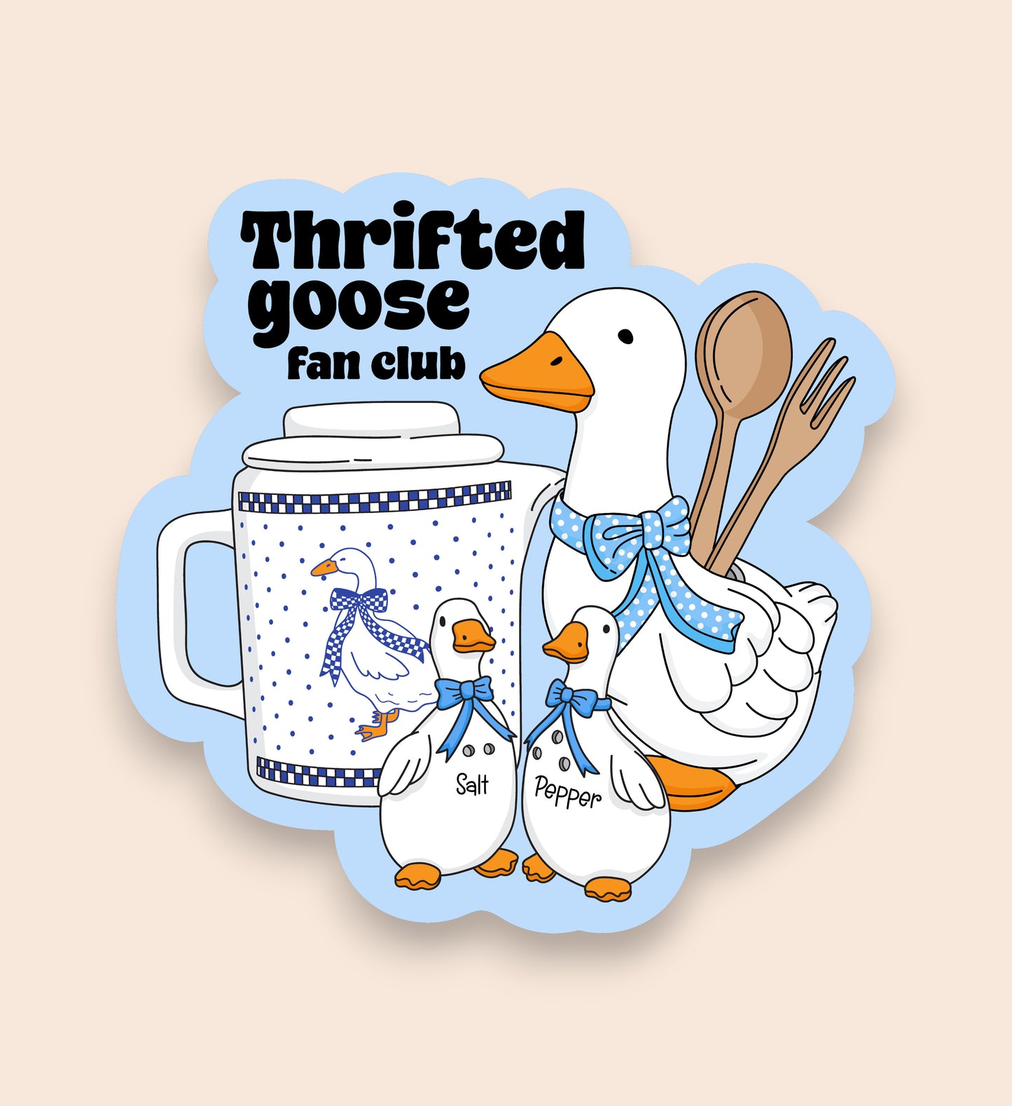 Sticker with cartoon geese, a mug, and kitchen utensils with 'Thrifted goose fan club' text on a beige background.