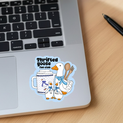 Sticker with 'Thrifted Goose Fan Club' design on a laptop