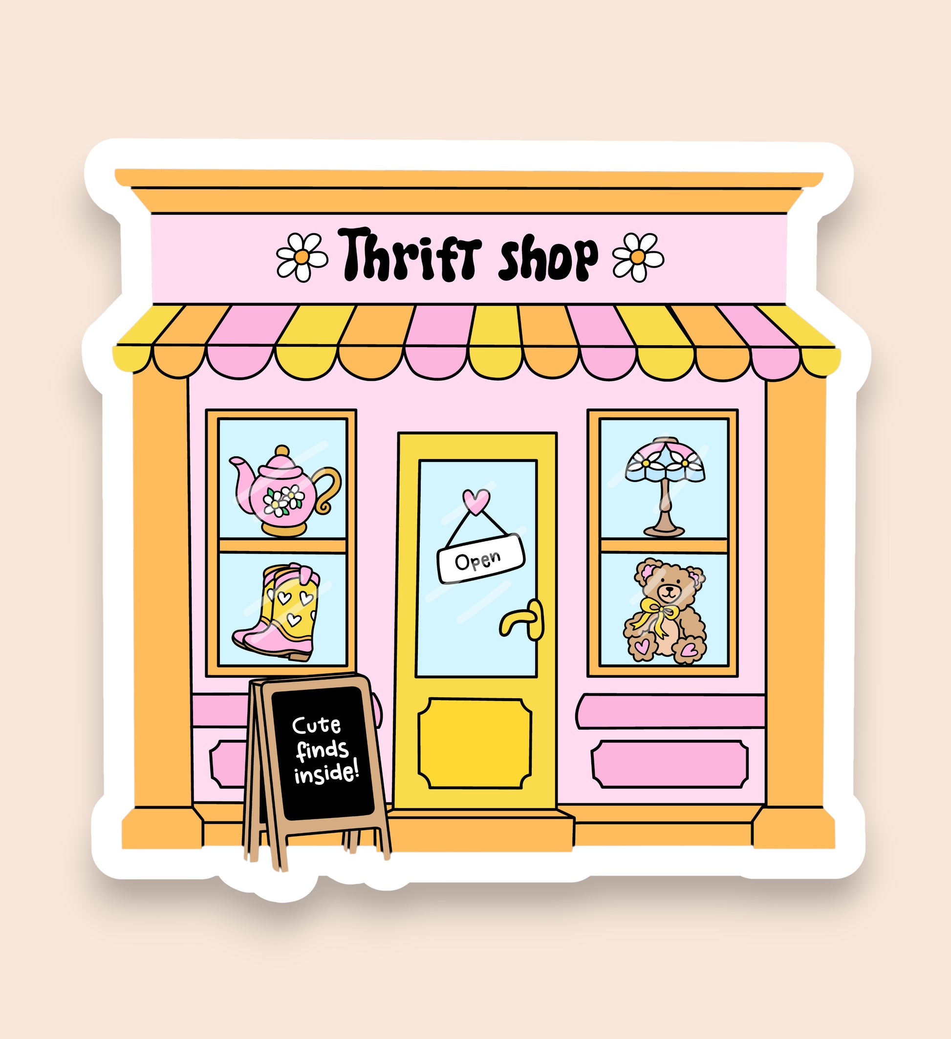 Illustration of a thrift shop with a pink facade and yellow trim.
