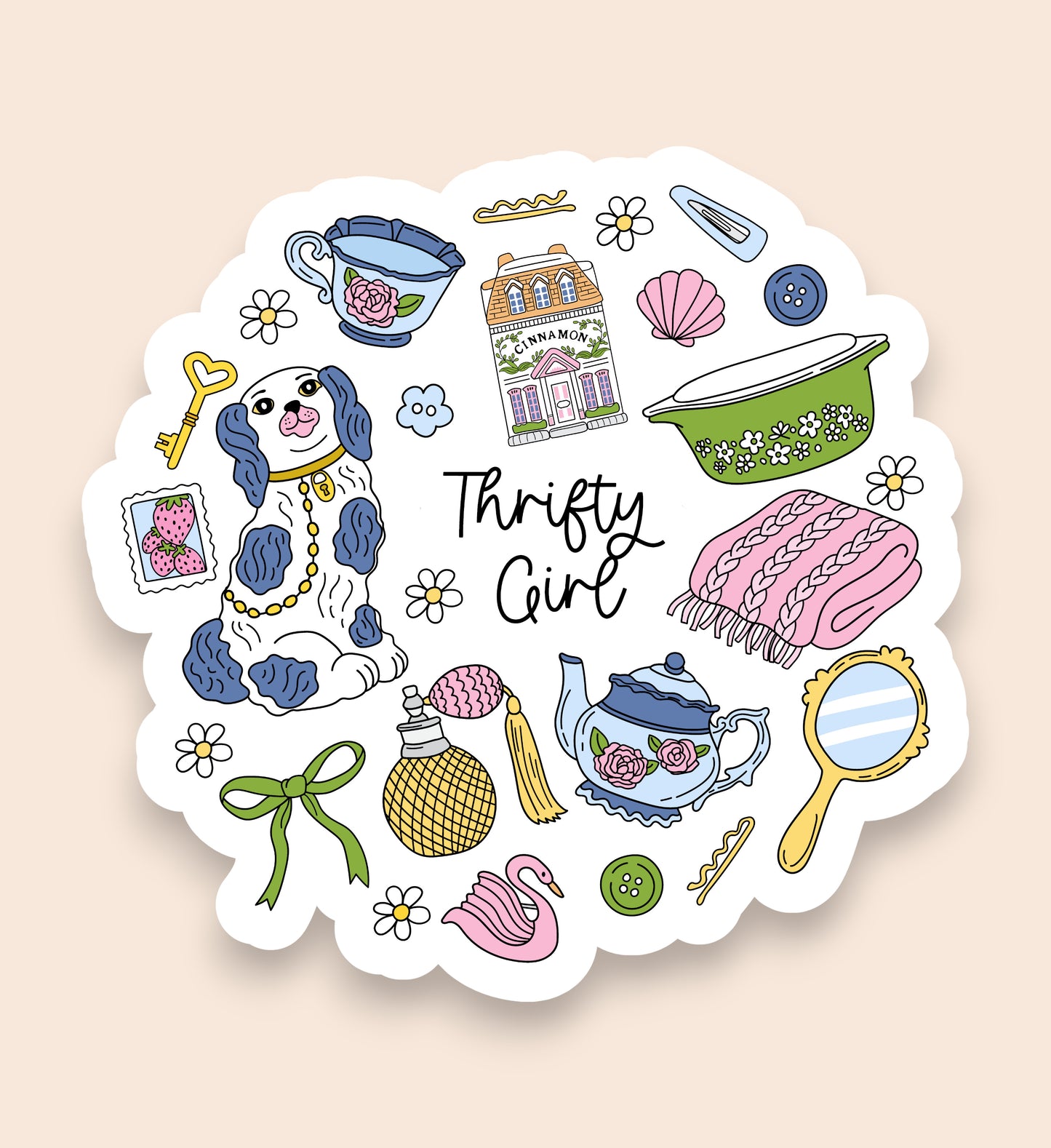 Sticker with various illustrations including a dog, teacups, and text 'Thrifty Girl' on a beige background.