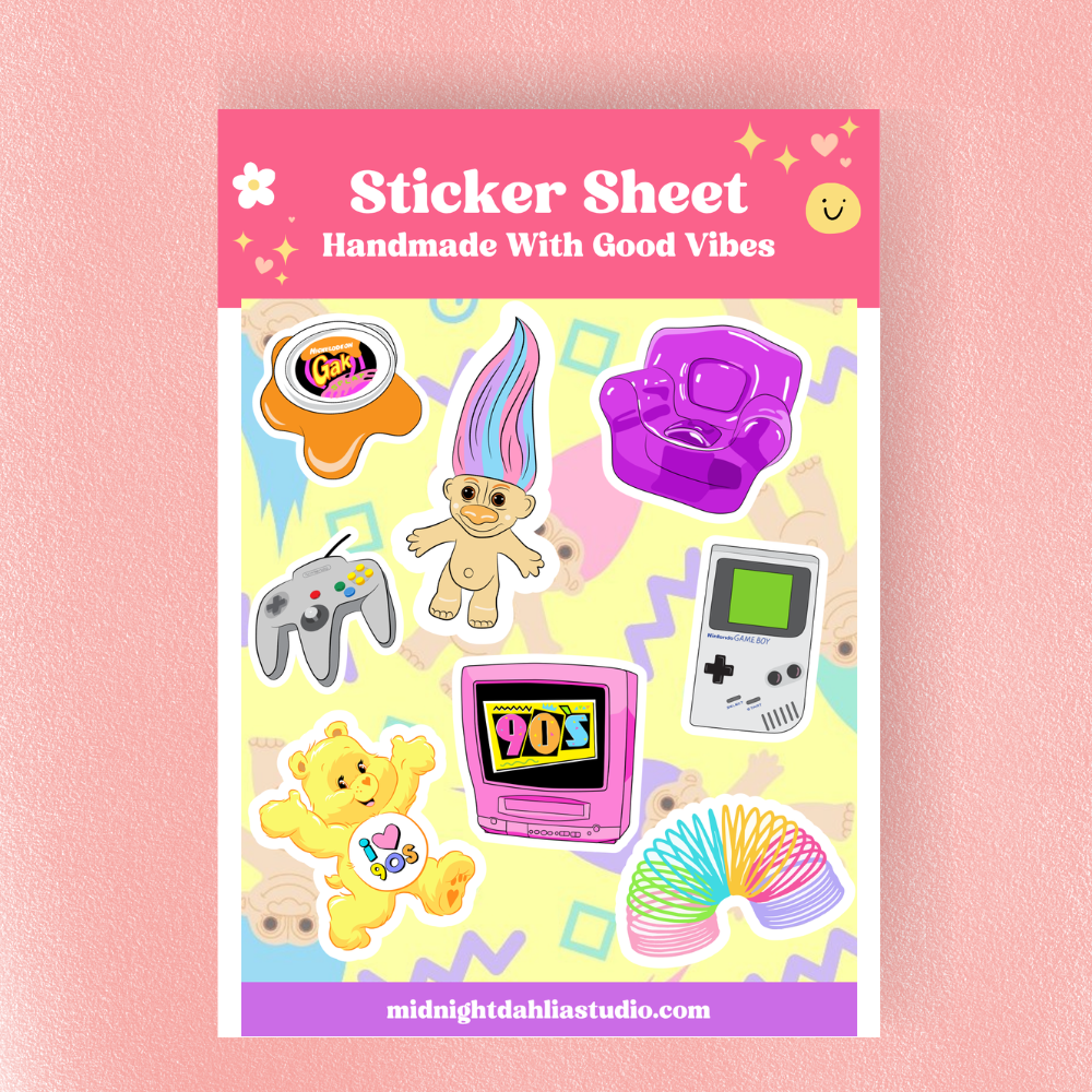 Sticker sheet with colorful retro-themed stickers on a pink background