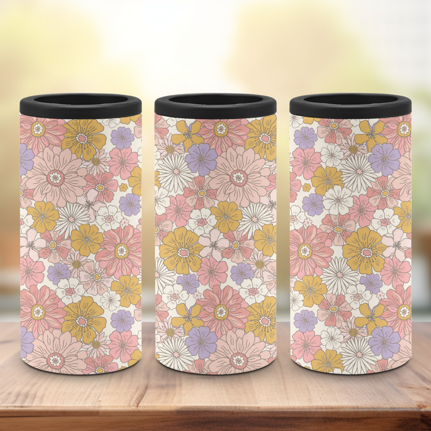 A slim can cooler set with a playful pattern