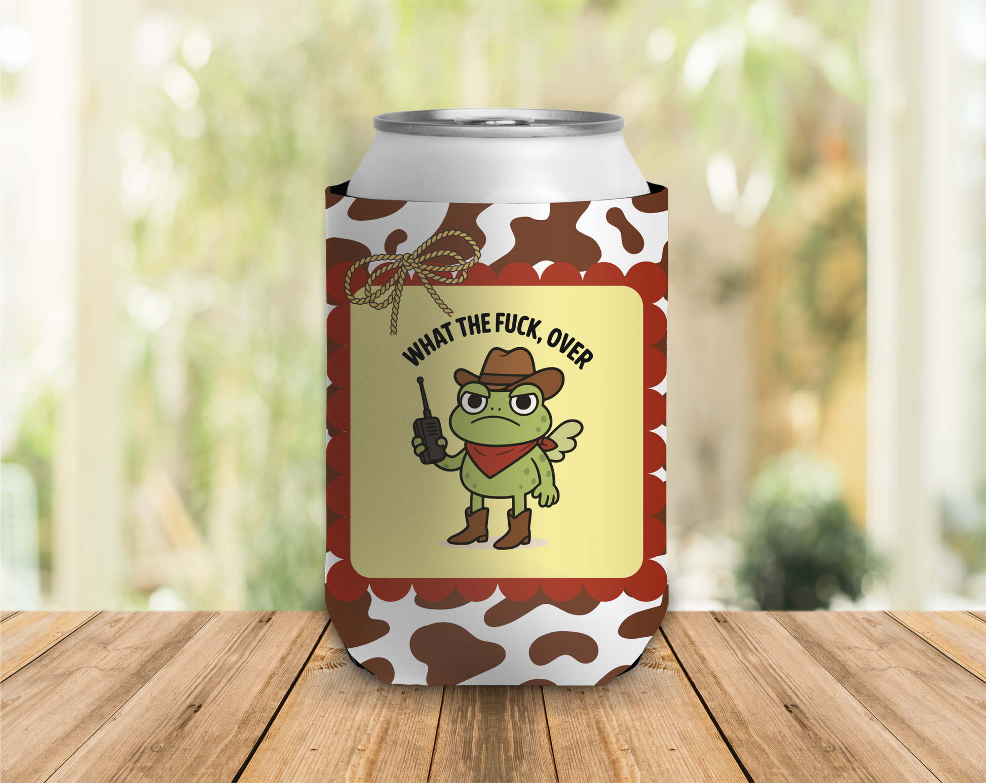 Can cooler with a cartoon frog cowboy design and text on a wooden surface.