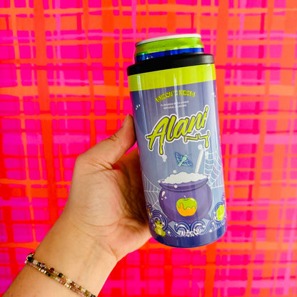 Hand holding a colorful tumbler with 'Alani' branding against a vibrant pink and orange plaid background.
